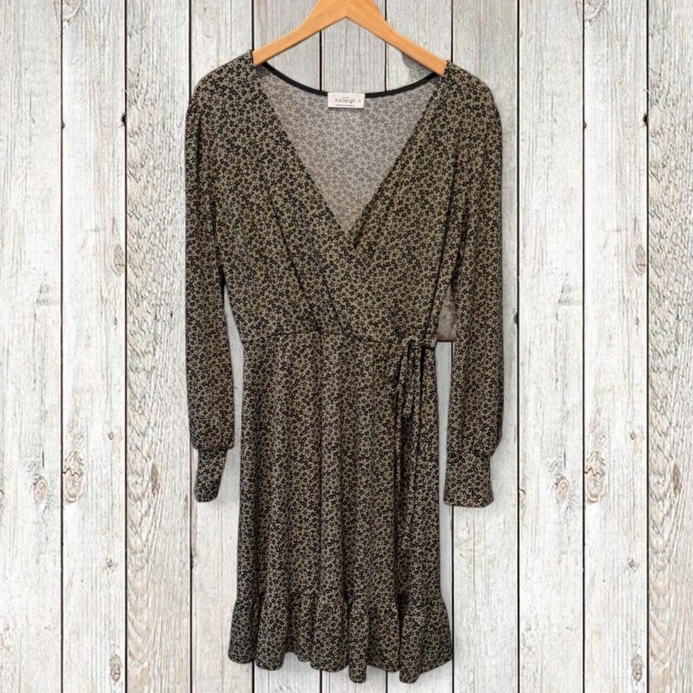 Kaleigh Brown Black Ditsy Floral Wrap Dress Long Sleeve Cottagecore Size Large